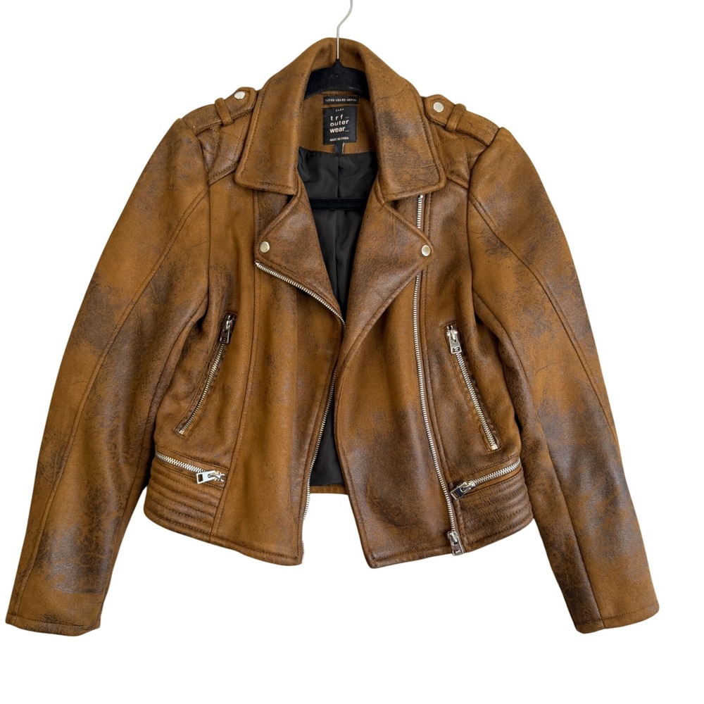 Zara Y2K Faux Leather Moto Biker Jacket Womens XS Brown Distressed Quilted Indie
